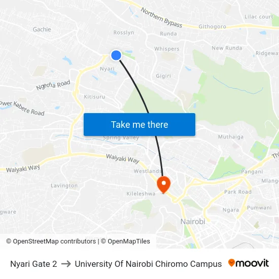 Nyari Gate 2 to University Of Nairobi Chiromo Campus map