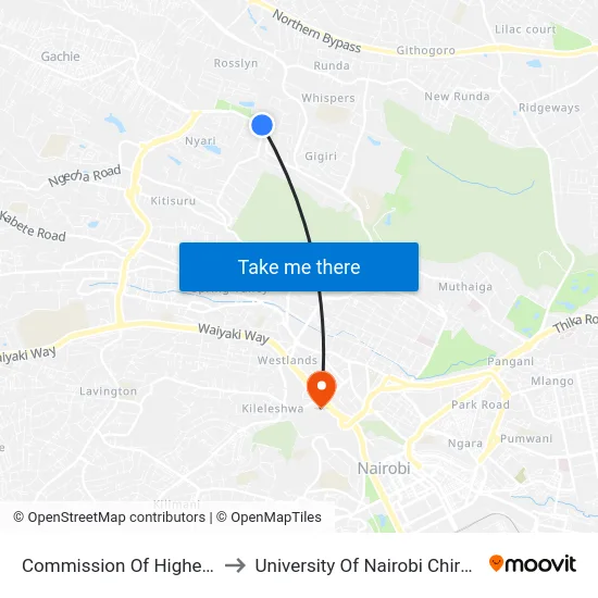 Commission Of Higher Education to University Of Nairobi Chiromo Campus map