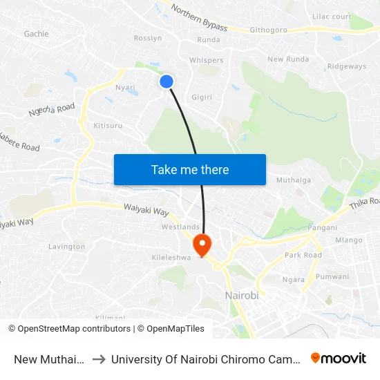 New Muthaiga to University Of Nairobi Chiromo Campus map