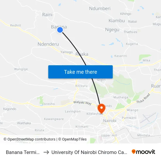 Banana Terminus to University Of Nairobi Chiromo Campus map