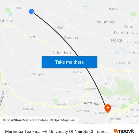 Maramba Tea Factory to University Of Nairobi Chiromo Campus map