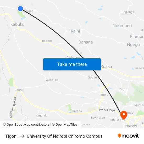 Tigoni to University Of Nairobi Chiromo Campus map