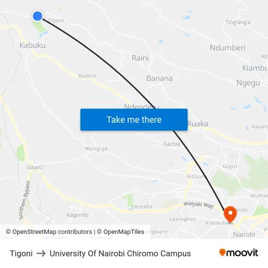 Tigoni to University Of Nairobi Chiromo Campus map