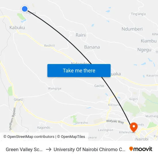 Green Valley School to University Of Nairobi Chiromo Campus map
