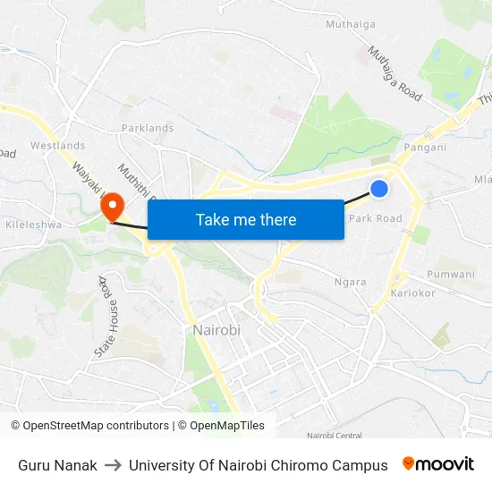 Guru Nanak to University Of Nairobi Chiromo Campus map