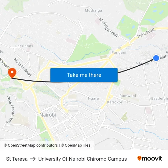 St Teresa to University Of Nairobi Chiromo Campus map