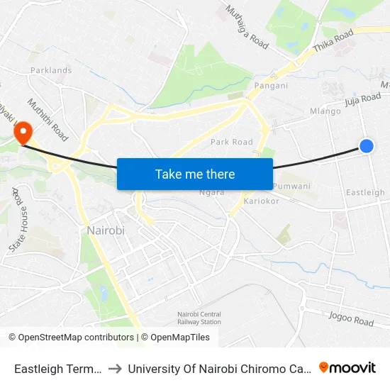 Eastleigh Terminal to University Of Nairobi Chiromo Campus map
