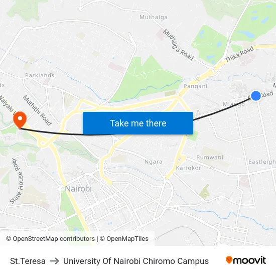 St.Teresa to University Of Nairobi Chiromo Campus map