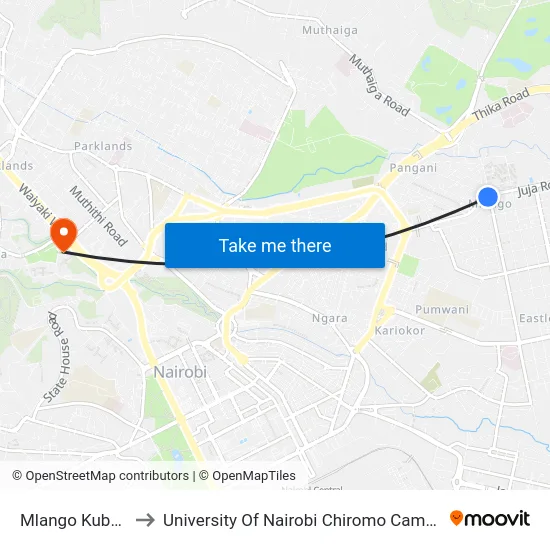 Mlango Kubwa to University Of Nairobi Chiromo Campus map