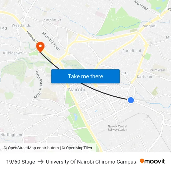 19/60 Stage to University Of Nairobi Chiromo Campus map