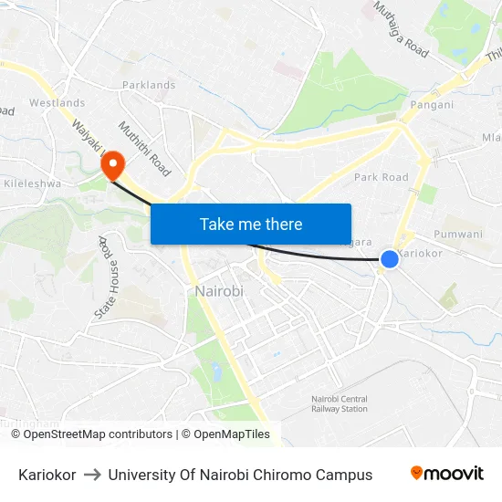 Kariokor to University Of Nairobi Chiromo Campus map