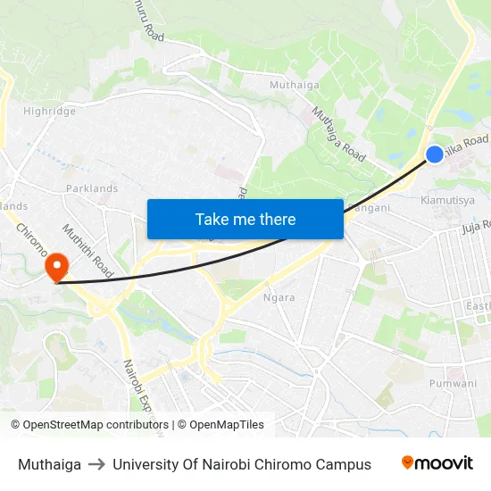 Muthaiga to University Of Nairobi Chiromo Campus map