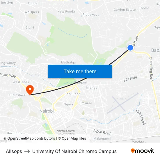Allsops to University Of Nairobi Chiromo Campus map