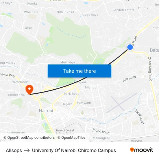 Allsops to University Of Nairobi Chiromo Campus map