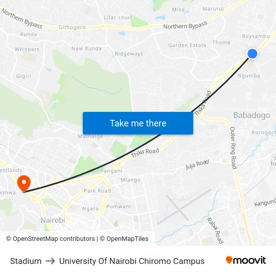 Stadium to University Of Nairobi Chiromo Campus map