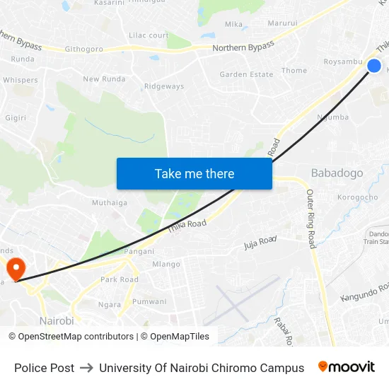 Police Post to University Of Nairobi Chiromo Campus map