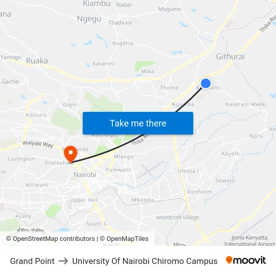 Grand Point to University Of Nairobi Chiromo Campus map