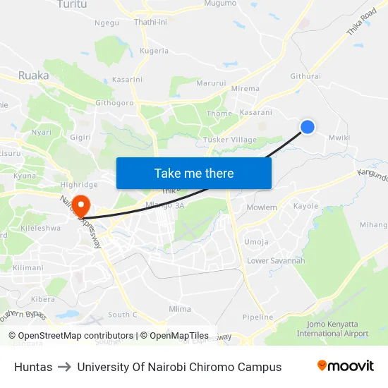 Huntas to University Of Nairobi Chiromo Campus map