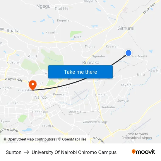 Sunton to University Of Nairobi Chiromo Campus map