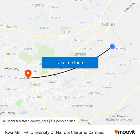 Kwa Miti to University Of Nairobi Chiromo Campus map