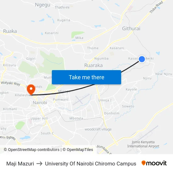 Maji Mazuri to University Of Nairobi Chiromo Campus map