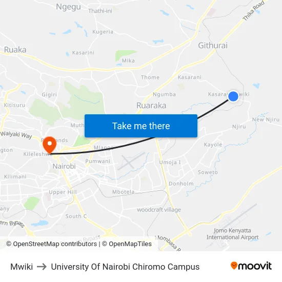 Mwiki to University Of Nairobi Chiromo Campus map
