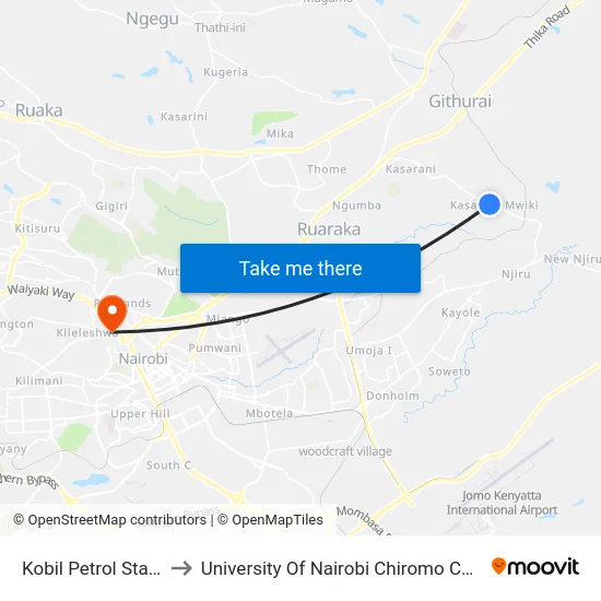 Kobil Petrol Station to University Of Nairobi Chiromo Campus map