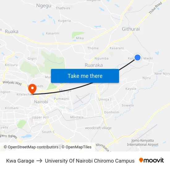 Kwa Garage to University Of Nairobi Chiromo Campus map
