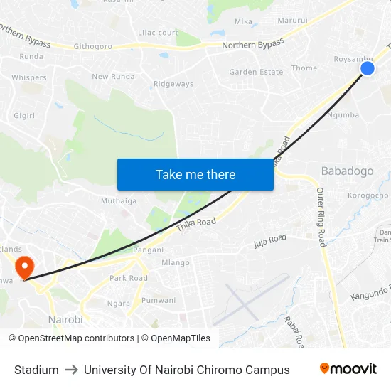 Stadium to University Of Nairobi Chiromo Campus map