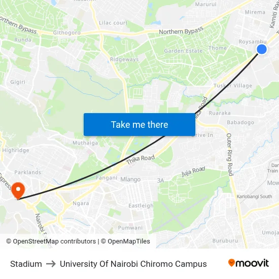 Stadium to University Of Nairobi Chiromo Campus map