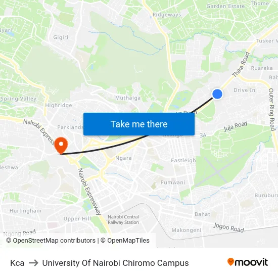 Kca to University Of Nairobi Chiromo Campus map