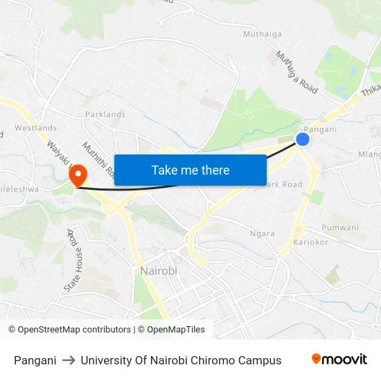 Pangani to University Of Nairobi Chiromo Campus map