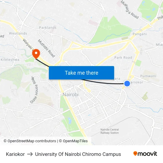 Kariokor to University Of Nairobi Chiromo Campus map