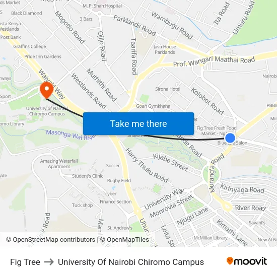 Fig Tree to University Of Nairobi Chiromo Campus map