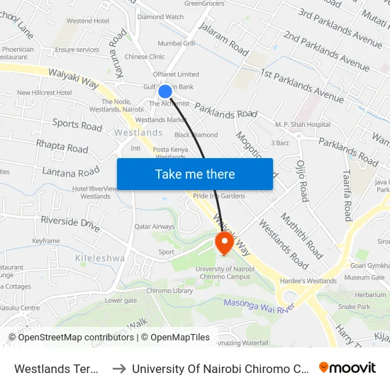 Westlands Terminal to University Of Nairobi Chiromo Campus map