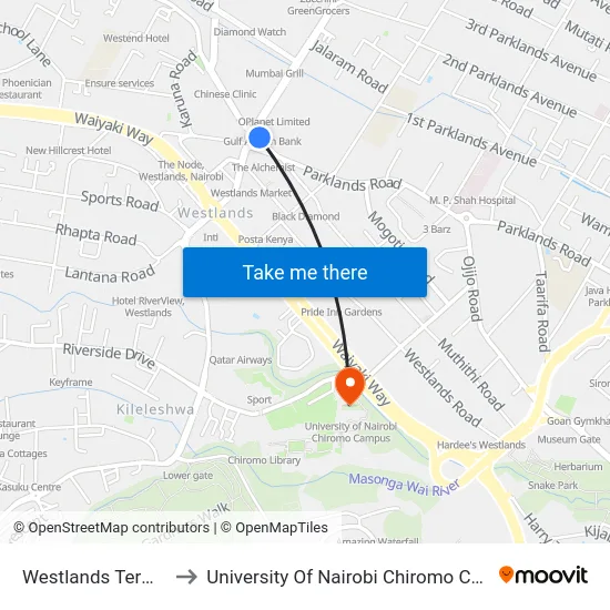 Westlands Terminal to University Of Nairobi Chiromo Campus map