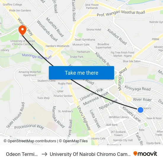 Odeon Terminal to University Of Nairobi Chiromo Campus map