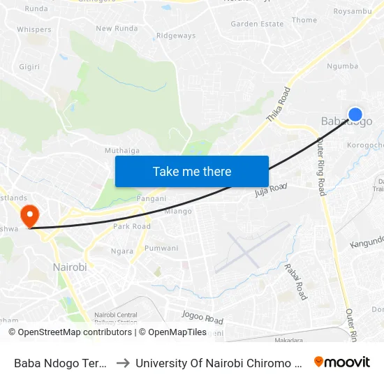 Baba Ndogo Terminal to University Of Nairobi Chiromo Campus map