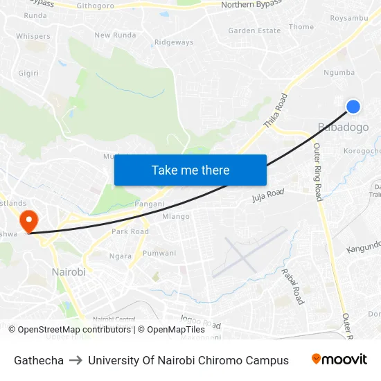 Gathecha to University Of Nairobi Chiromo Campus map