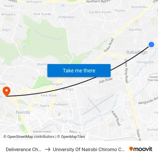 Deliverance Church to University Of Nairobi Chiromo Campus map