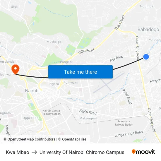 Kwa Mbao to University Of Nairobi Chiromo Campus map
