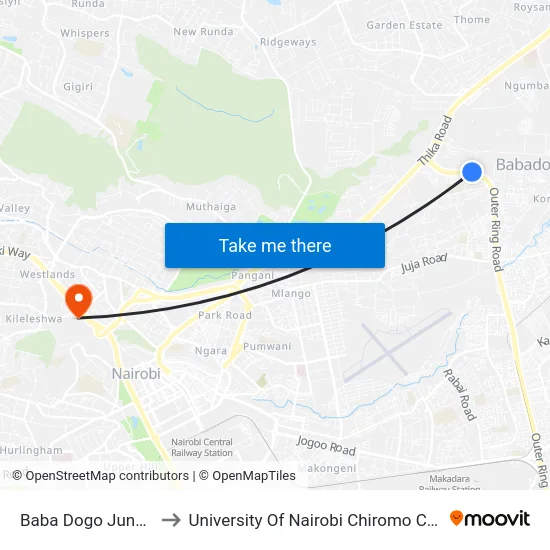 Baba Dogo Junction to University Of Nairobi Chiromo Campus map