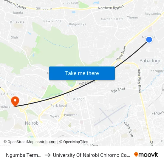 Ngumba Terminal to University Of Nairobi Chiromo Campus map