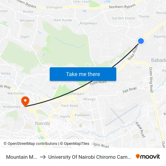 Mountain Mall to University Of Nairobi Chiromo Campus map
