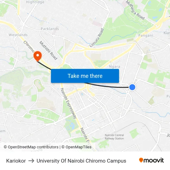 Kariokor to University Of Nairobi Chiromo Campus map