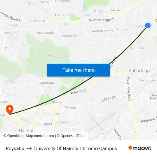 Roysabu to University Of Nairobi Chiromo Campus map