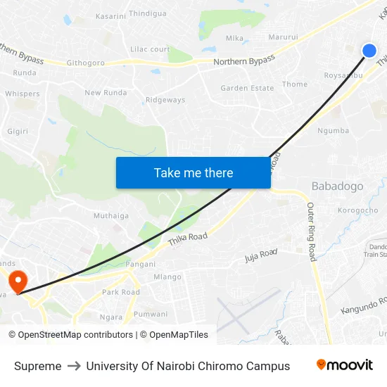 Supreme to University Of Nairobi Chiromo Campus map