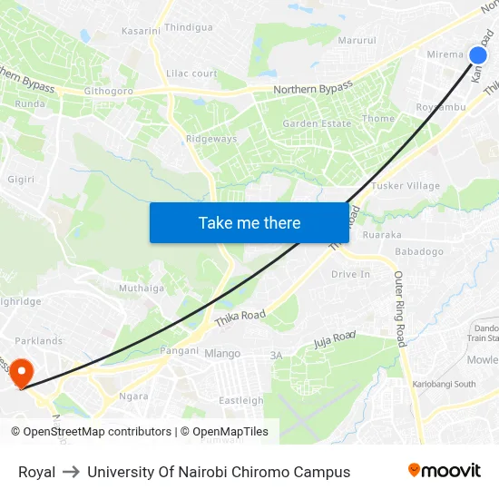 Royal to University Of Nairobi Chiromo Campus map
