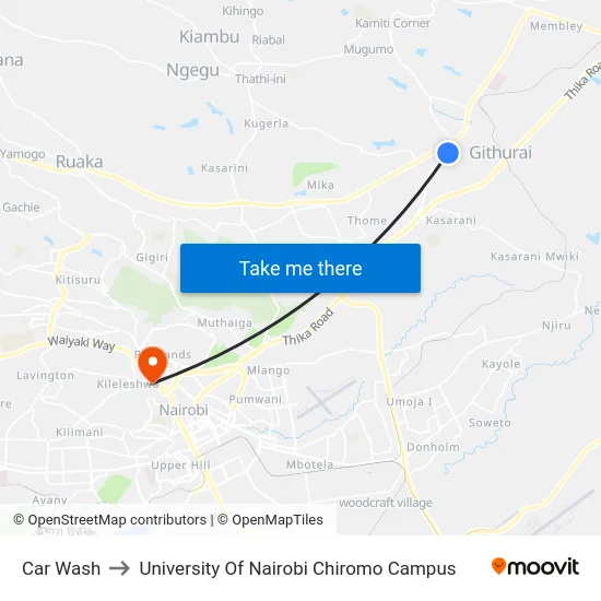 Car Wash to University Of Nairobi Chiromo Campus map