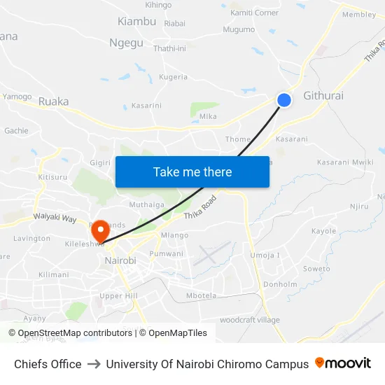 Chiefs Office to University Of Nairobi Chiromo Campus map